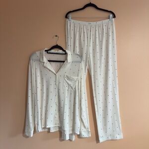 Love Stories White Red Heart Print Pajama Set Long Sleeve Button Down XL